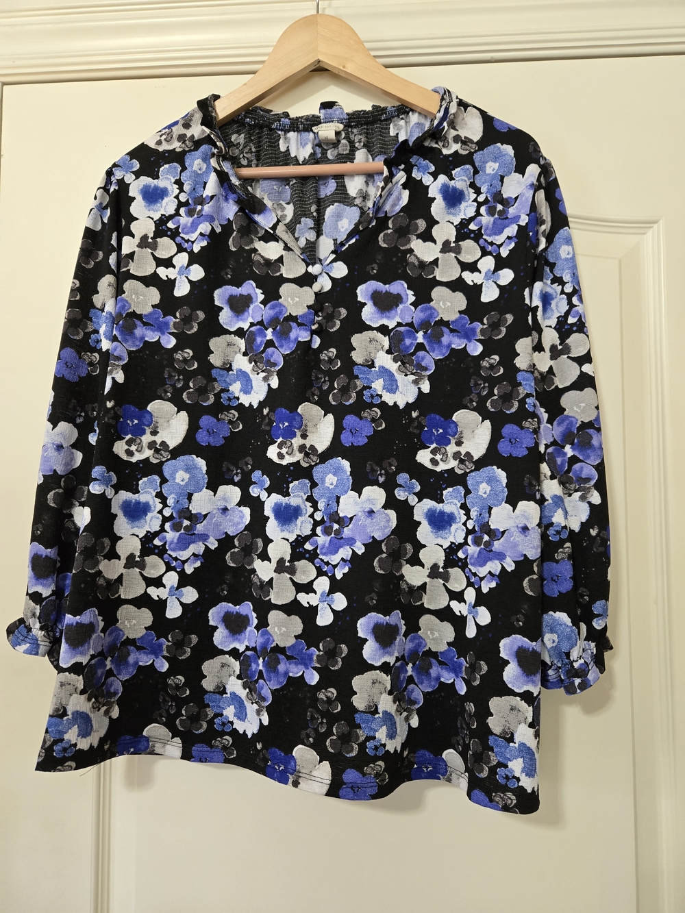Cato Black Floral Henley Blouse with Blue & White Blooms